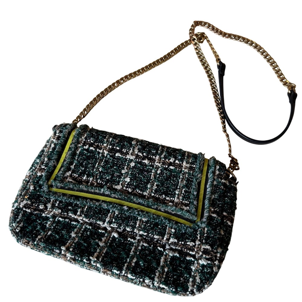 Beck Sondergaard Crossbody Bag Womens Small Green Plaid Tweed Sequin Chain Strap